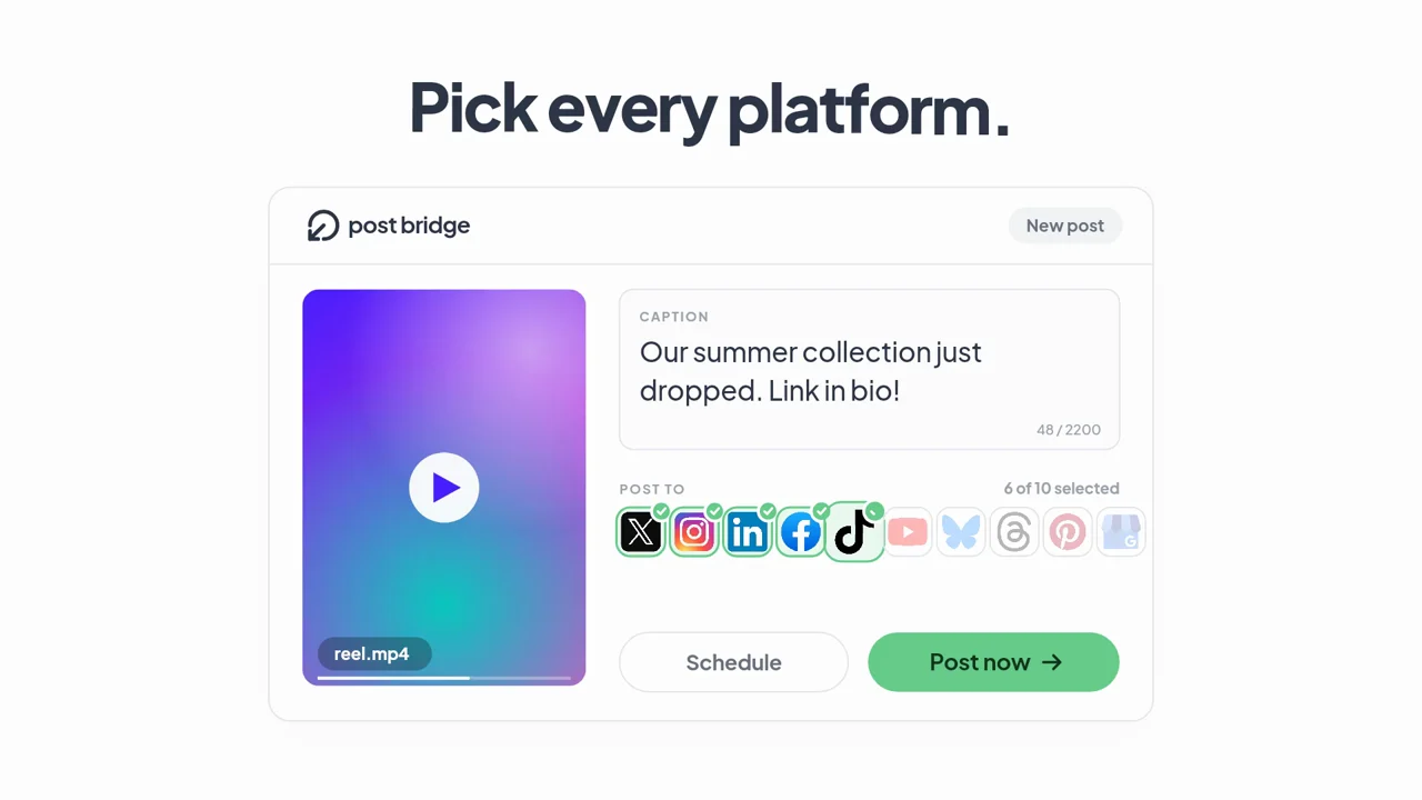 Post bridge’s publishing workspace with one post selected for multiple social platforms